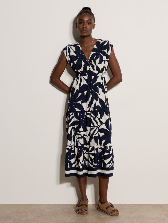 Floral Silhouette Tiered Midi Dress, Navy, large