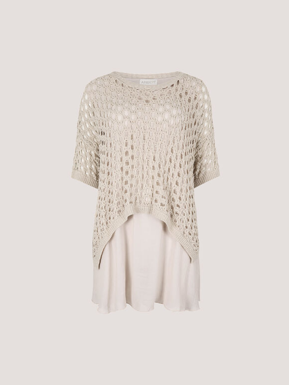 Knitted Mesh Layered Tunic Top, Stone, large
