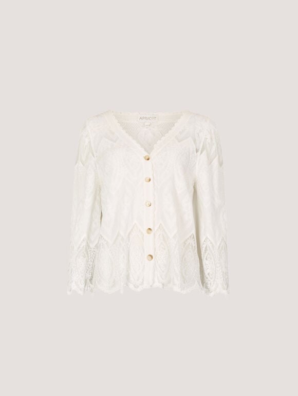Floral Lace Button-Down Blouse, White, large
