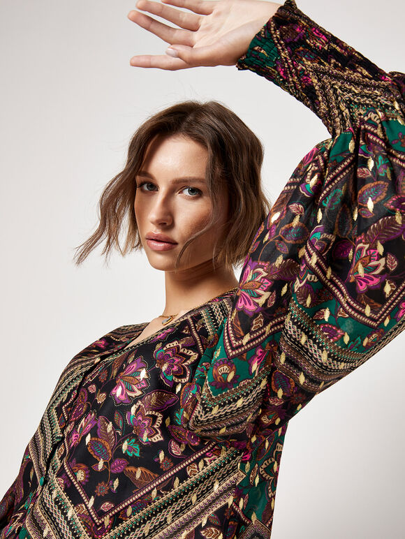 Gold Foil Floral Blouse, Black, large