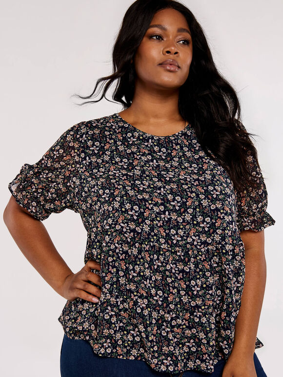 Curve Floral Ruffle Tiered Top, Navy, large