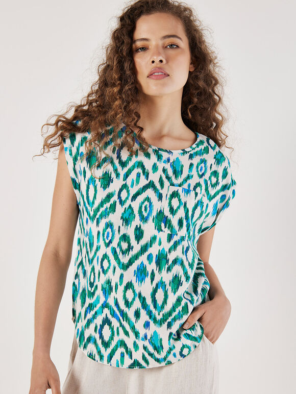 Ikat Button Back Woven T-Shirt, Green, large