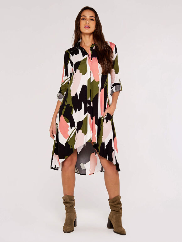Brushstroke Print Mini Dress, Khaki, large