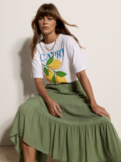 Lace Insert Belted Midi Skirt