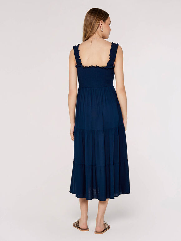 Smock Tiered Midi Dress, Navy, large