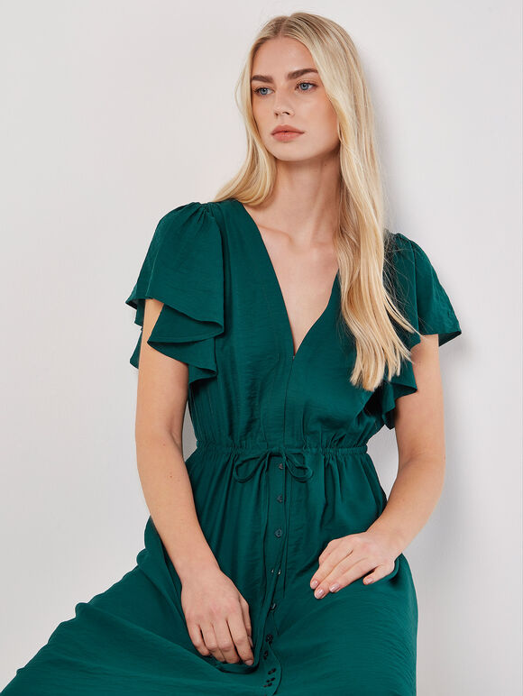 Angel Sleeve Button-Down Maxi Dress, Green, large