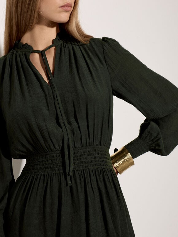 Ruffle Neck Mini Dress, Green, large