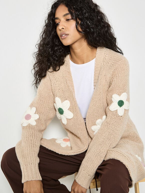 3D Daisy Chunky Knit Cardigan, Stone, large