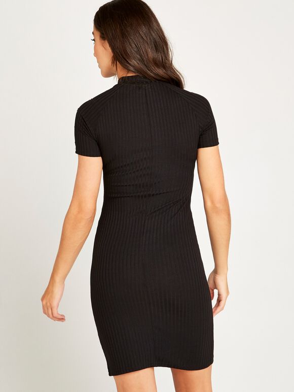 Ribbed High Neck Stud Dress, Black, large