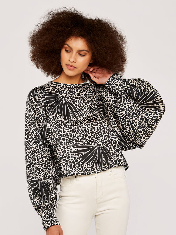 Leafy Animal Oversized Top, Black, large