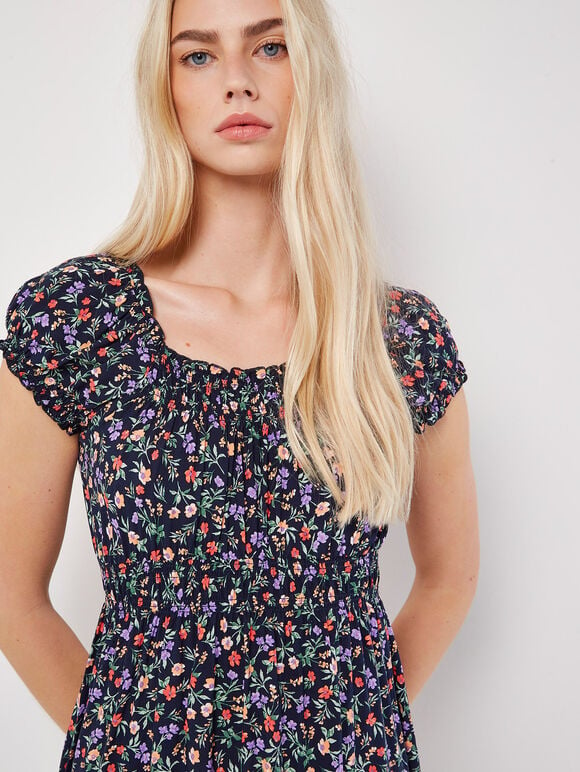 Garden Floral Milkmaid Midi Dress, Navy, large