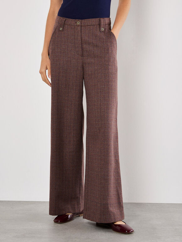Mini Check Wide Leg Trousers, Burgundy, large