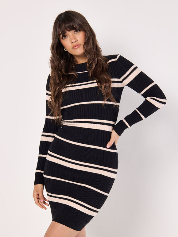 Stripe Ribbed Knit Mini Dress, Black, large
