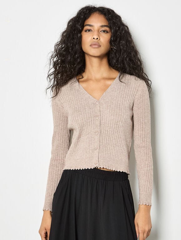 Ribbed Knit Scalloped Cardigan, Stone, large