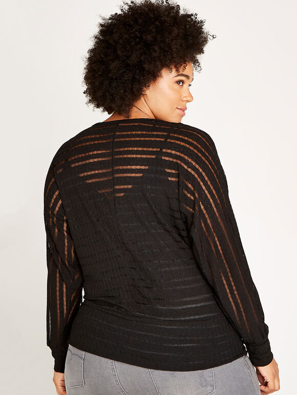 Mesh Stripe Batwing Top+, Black, large