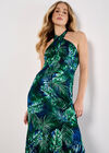 Tropical Leaf Satin Maxi Dress, Navy, large