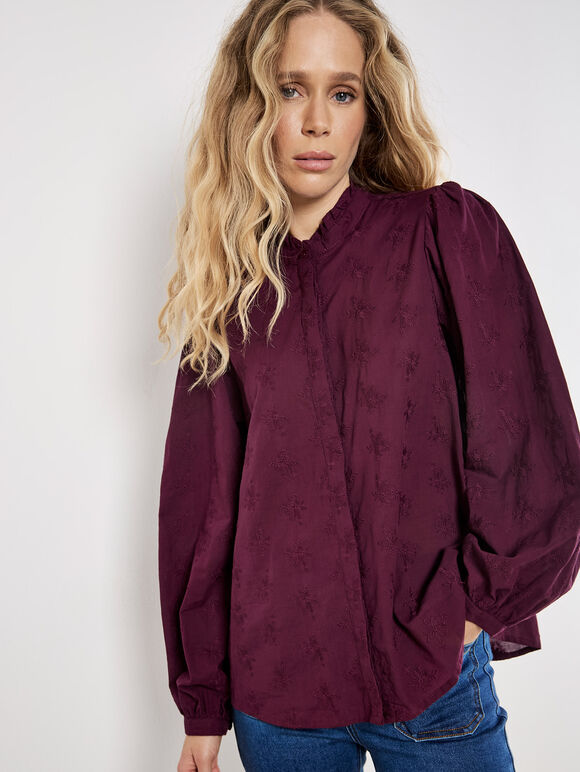 Floral Embroidered Shirt, Burgundy, large
