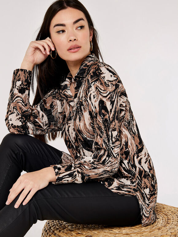 Marble Print Plisse Shirt, Black, large