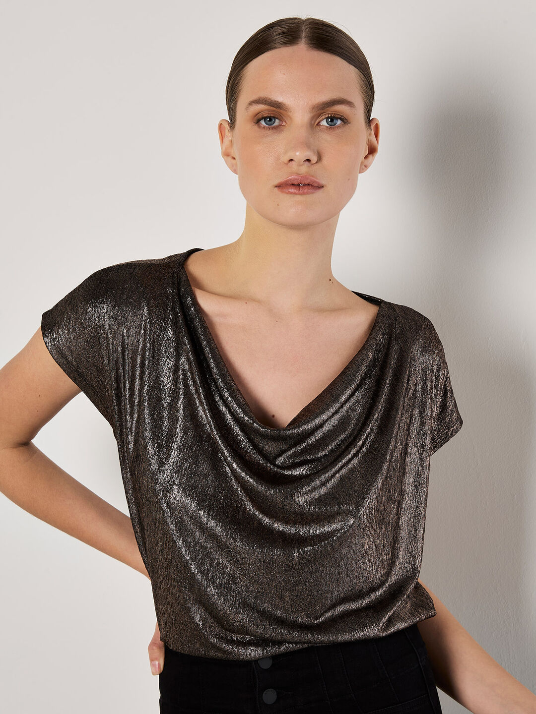 Image of Metallic Foil Cowl Neck Top