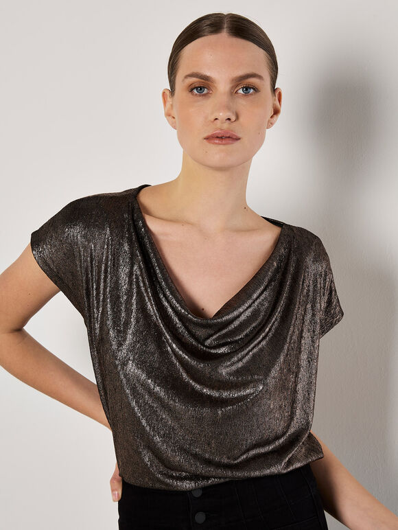 Metallic Foil Cowl Neck Top, Brown, large