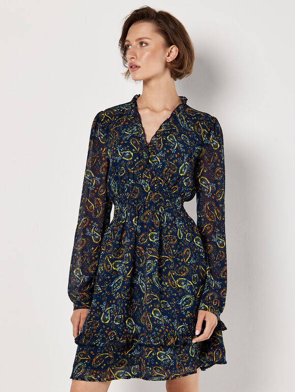 Paisley Ruffle Mini Dress , Navy, large