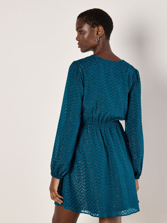 Chevron Shimmer Wrap Mini Dress, Teal, large