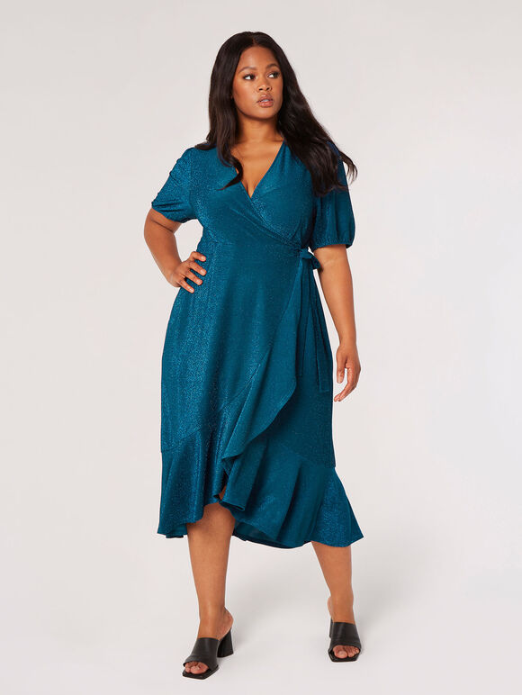 Curve Metallic Wrap Midi Dress, Teal, large