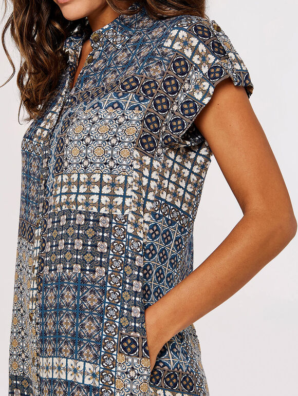 Patchwork Shirt Mini Dress, Navy, large