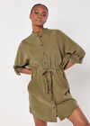 Drawstring Shirt Mini Dress, Khaki, large