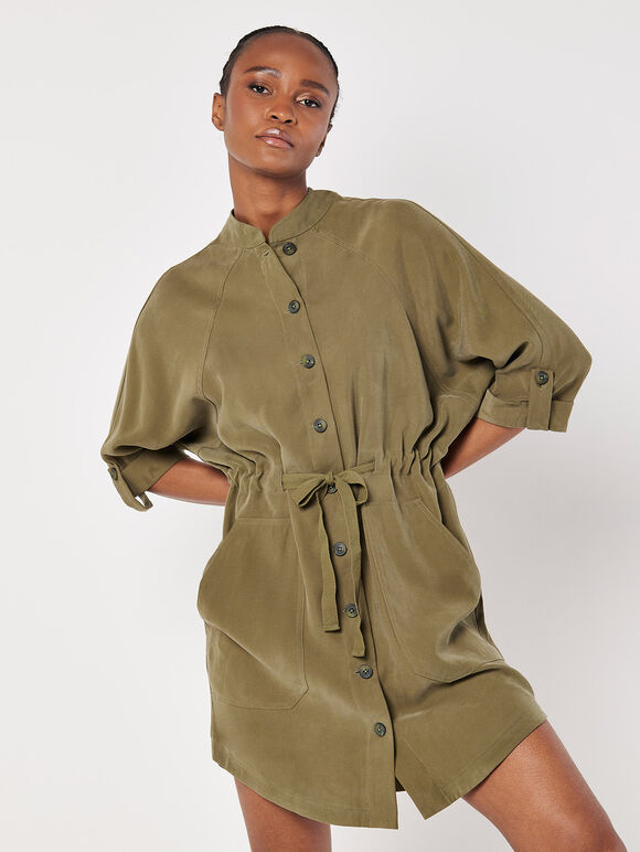 Drawstring Shirt Mini Dress, Khaki, large