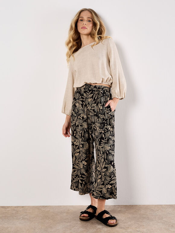 Batik Leaf Culotte Trousers, Black, large