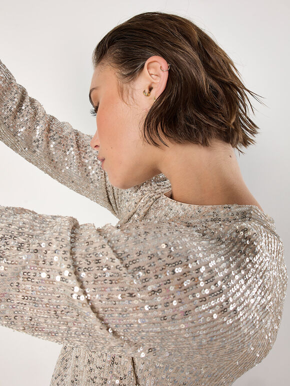 Sequin Embellished Shift Mini Dress, Stone, large