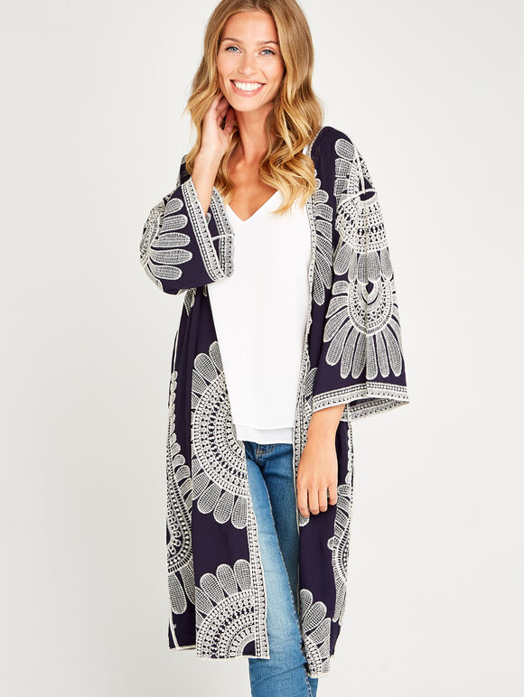 Navy  Embroidered Longline Kimono, Navy, large