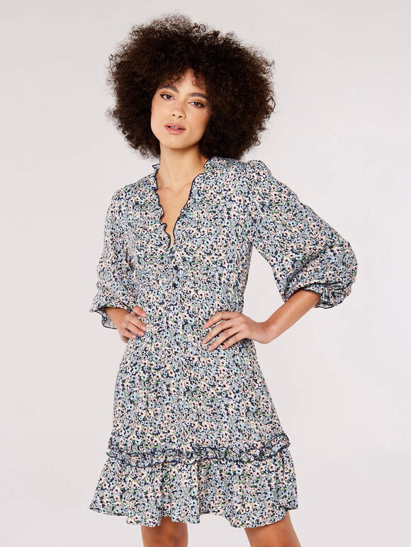 Ditsy Puff Sleeve Mini Dress, Navy, large