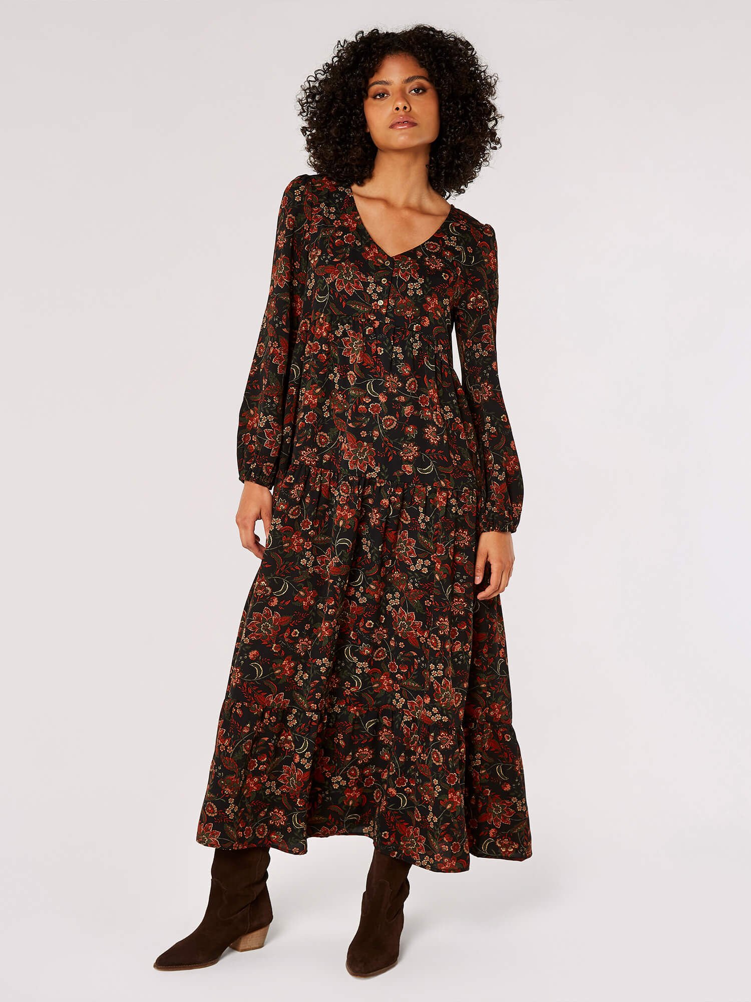 Boho Floral Print Maxi Dress Apricot Clothing