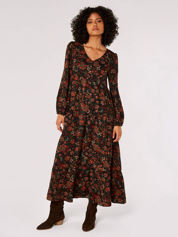Boho Floral Print Maxi Dress, Black, large