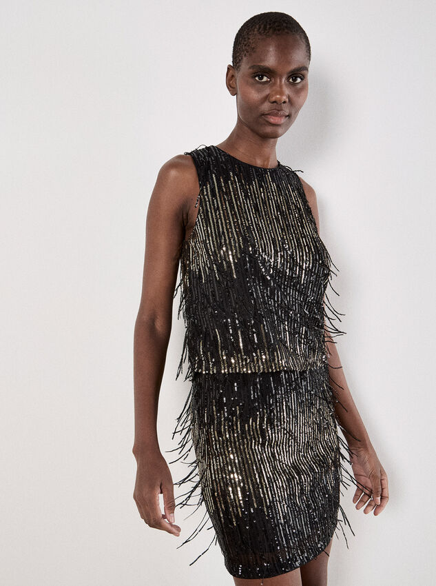 Sequin Fringe Bodycon Mini Skirt, Black, large