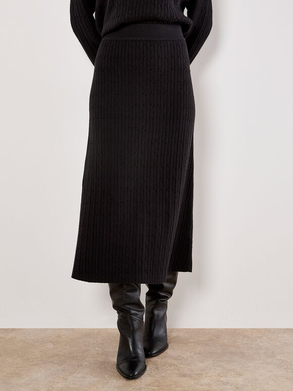 Fine Knit Cable Midi Skirt, Black, large