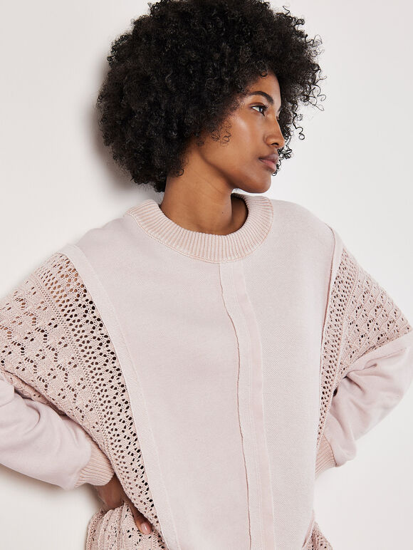 Lace Insert Cotton Jumper, Stone, large
