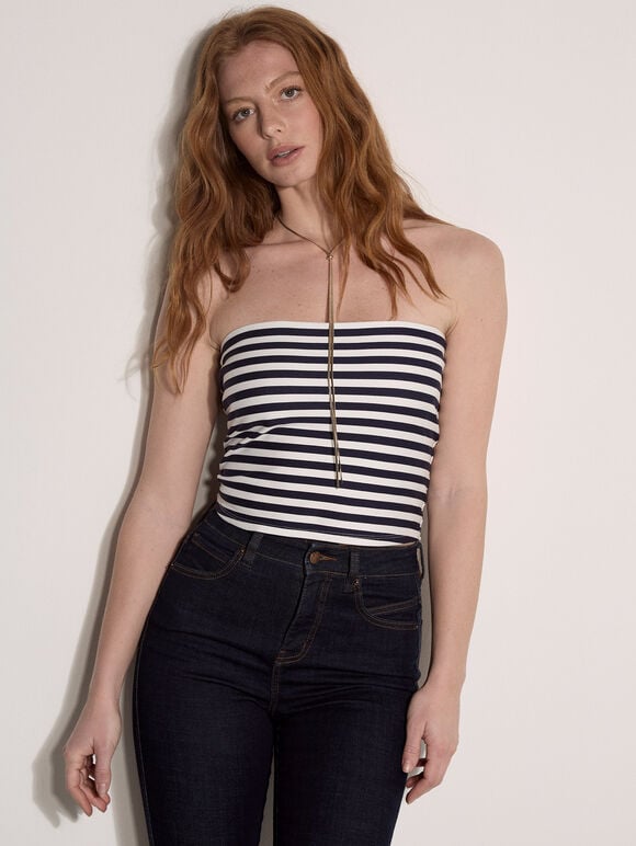 Stripe Bandeau Top, Navy, large