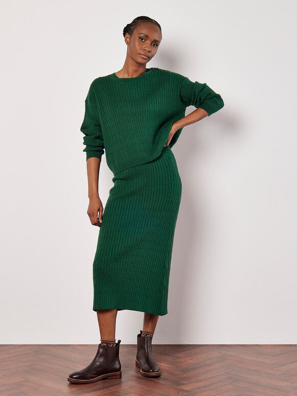 Fine Knit Cable Midi Skirt, Green, large