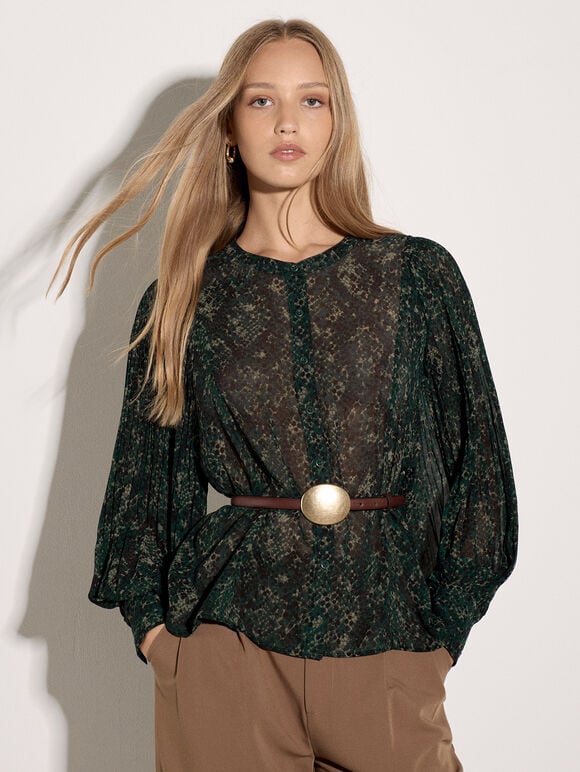 Snakeskin Chiffon Blouse, Green, large