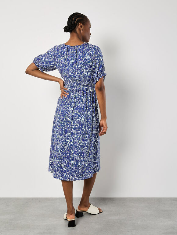 Spot Print Milkmaid Midi Dress, Blue, large