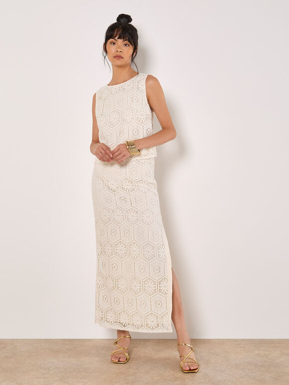 Crochet Lace Tile Shell Top, White, large