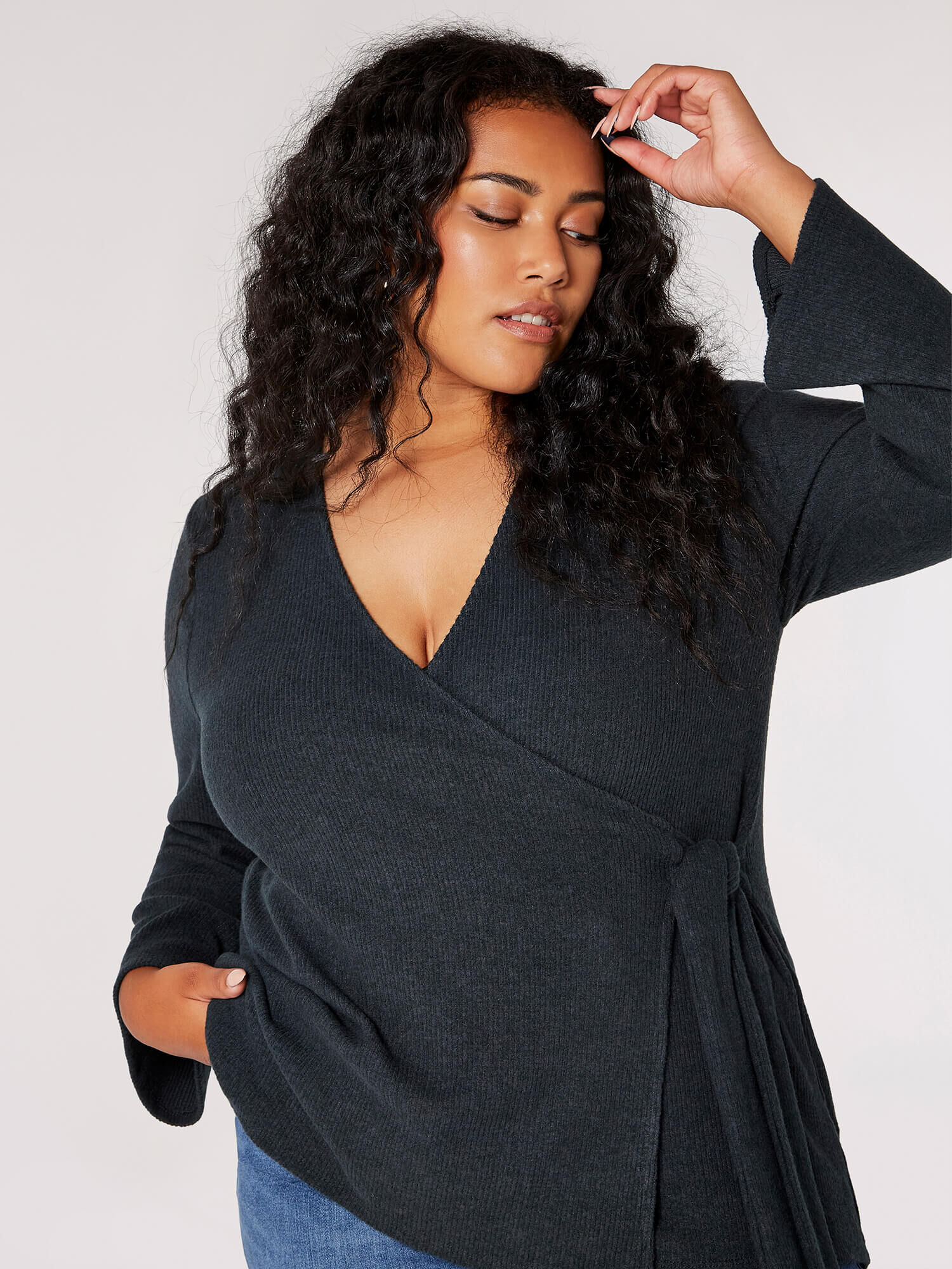 Curve Ribbed Jersey Wrap Top Apricot Clothing