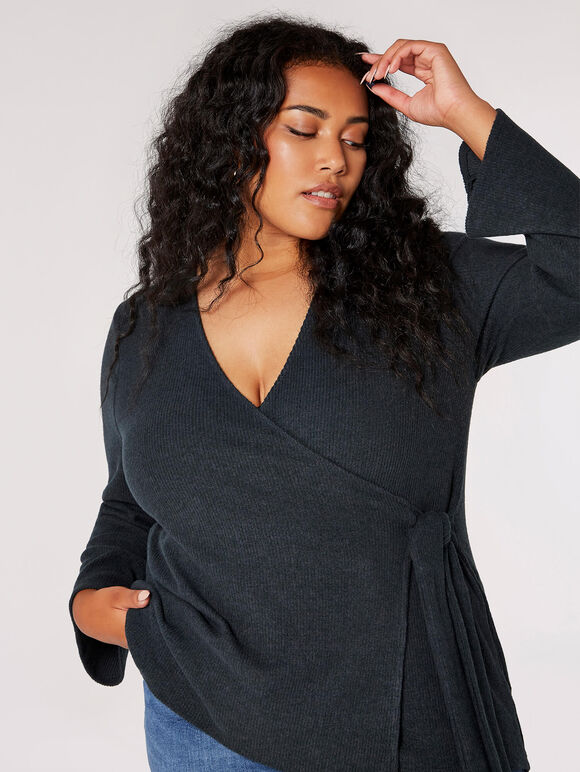 Curve Ribbed Jersey Wrap Top, Green, large
