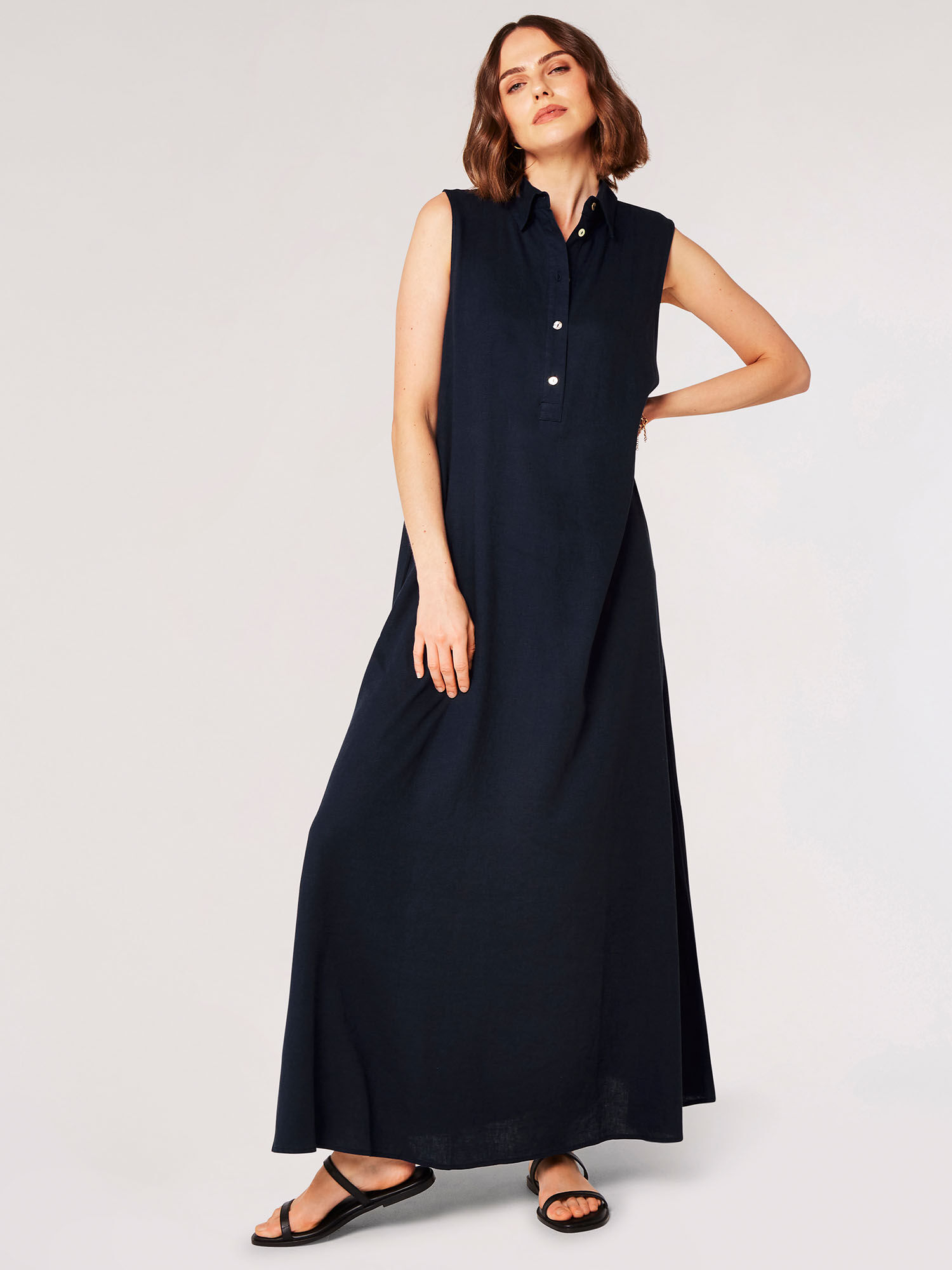Linen Blend Shirt Maxi Dress Apricot Clothing
