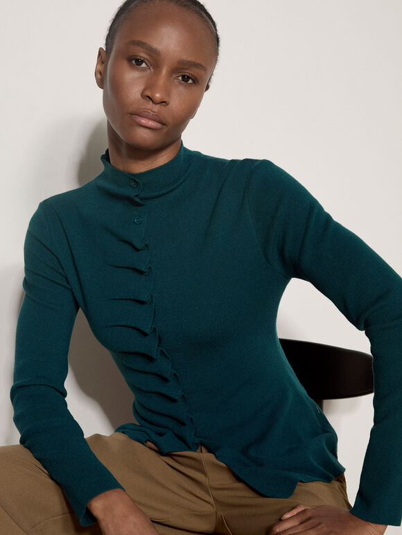 Fine Knit Ruched Cardigan, Teal, large
