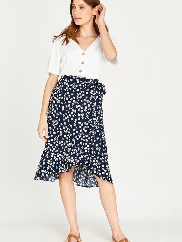 Floral Dot Tie Waist Wrap Skirt, Navy, large