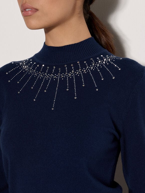 Rhinestone Gem Embellished Jumper, Navy, large